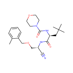 Cc1ccccc1COC[C@@H](C#N)NC(=O)[C@H](CC(C)(C)C)NC(=O)N1CCOCC1 ZINC000013492538