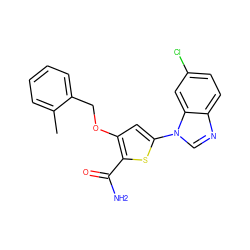 Cc1ccccc1COc1cc(-n2cnc3ccc(Cl)cc32)sc1C(N)=O ZINC000040414162