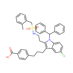 Cc1ccccc1CS(=O)(=O)NCCc1c(CCCc2ccc(C(=O)O)cc2)c2cc(Cl)ccc2n1C(c1ccccc1)c1ccccc1 ZINC000049898624