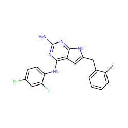 Cc1ccccc1Cc1cc2c(Nc3ccc(Cl)cc3F)nc(N)nc2[nH]1 ZINC000082151378