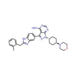 Cc1ccccc1Cc1nc2cc(-c3nn([C@H]4CC[C@H](N5CCOCC5)CC4)c4ncnc(N)c34)ccc2[nH]1 ZINC000253666502