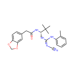 Cc1ccccc1N/C(=N\C#N)N[C@H](NC(=O)Cc1ccc2c(c1)OCO2)C(C)(C)C ZINC000040897942