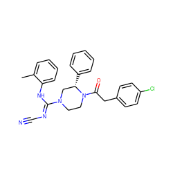 Cc1ccccc1N/C(=N\C#N)N1CCN(C(=O)Cc2ccc(Cl)cc2)[C@@H](c2ccccc2)C1 ZINC000029128390