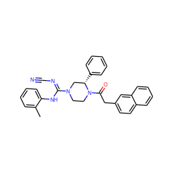 Cc1ccccc1N/C(=N\C#N)N1CCN(C(=O)Cc2ccc3ccccc3c2)[C@@H](c2ccccc2)C1 ZINC000029129107