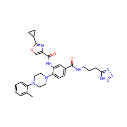 Cc1ccccc1N1CCN(c2ccc(C(=O)NCCCc3nnn[nH]3)cc2NC(=O)c2coc(C3CC3)n2)CC1 ZINC000144428870