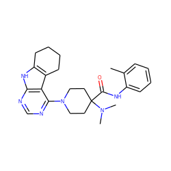 Cc1ccccc1NC(=O)C1(N(C)C)CCN(c2ncnc3[nH]c4c(c23)CCCC4)CC1 ZINC000653851561