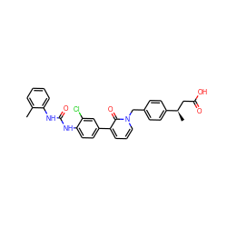 Cc1ccccc1NC(=O)Nc1ccc(-c2cccn(Cc3ccc([C@H](C)CC(=O)O)cc3)c2=O)cc1Cl ZINC000014963310