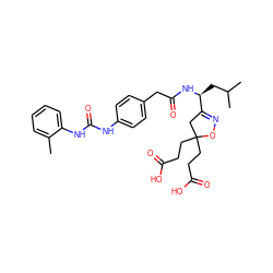 Cc1ccccc1NC(=O)Nc1ccc(CC(=O)N[C@@H](CC(C)C)C2=NOC(CCC(=O)O)(CCC(=O)O)C2)cc1 ZINC000026575842