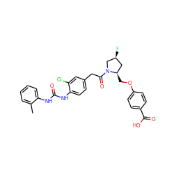 Cc1ccccc1NC(=O)Nc1ccc(CC(=O)N2C[C@@H](F)C[C@H]2COc2ccc(C(=O)O)cc2)cc1Cl ZINC000003994949