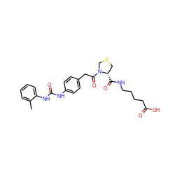 Cc1ccccc1NC(=O)Nc1ccc(CC(=O)N2CSC[C@@H]2C(=O)NCCCCC(=O)O)cc1 ZINC000028363081