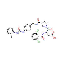 Cc1ccccc1NC(=O)Nc1ccc(CNC(=O)[C@H]2CCN(C(=O)[C@H](CC(=O)O)NC(=O)c3c(Cl)cccc3Cl)C2)cc1 ZINC000150605207