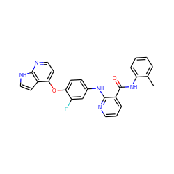 Cc1ccccc1NC(=O)c1cccnc1Nc1ccc(Oc2ccnc3[nH]ccc23)c(F)c1 ZINC000049792574