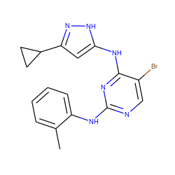 Cc1ccccc1Nc1ncc(Br)c(Nc2cc(C3CC3)n[nH]2)n1 ZINC000035878401