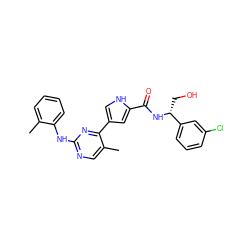 Cc1ccccc1Nc1ncc(C)c(-c2c[nH]c(C(=O)N[C@H](CO)c3cccc(Cl)c3)c2)n1 ZINC000045258264