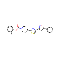 Cc1ccccc1OC(=O)N1CCC(c2nc(C3=NO[C@@H](c4ccccc4)C3)cs2)CC1 ZINC000653842126