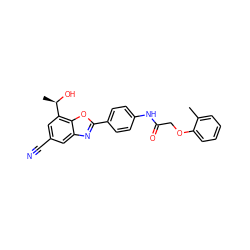 Cc1ccccc1OCC(=O)Nc1ccc(-c2nc3cc(C#N)cc([C@@H](C)O)c3o2)cc1 ZINC000045340041