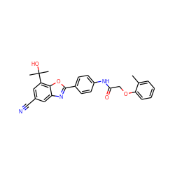 Cc1ccccc1OCC(=O)Nc1ccc(-c2nc3cc(C#N)cc(C(C)(C)O)c3o2)cc1 ZINC000045351552