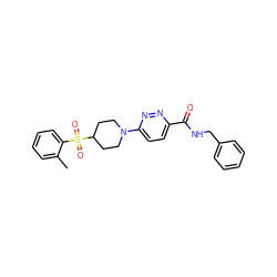 Cc1ccccc1S(=O)(=O)C1CCN(c2ccc(C(=O)NCc3ccccc3)nn2)CC1 ZINC001772653833