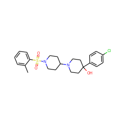 Cc1ccccc1S(=O)(=O)N1CCC(N2CCC(O)(c3ccc(Cl)cc3)CC2)CC1 ZINC000029125549