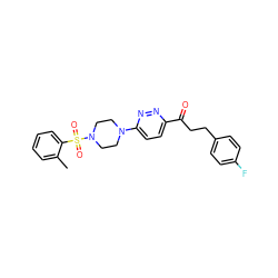 Cc1ccccc1S(=O)(=O)N1CCN(c2ccc(C(=O)CCc3ccc(F)cc3)nn2)CC1 ZINC001772577017