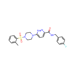 Cc1ccccc1S(=O)(=O)N1CCN(c2ccc(C(=O)NCc3ccc(F)cc3)nn2)CC1 ZINC001772657553