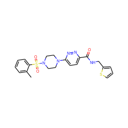 Cc1ccccc1S(=O)(=O)N1CCN(c2ccc(C(=O)NCc3cccs3)nn2)CC1 ZINC001772654862