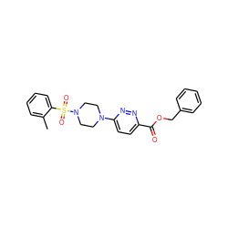 Cc1ccccc1S(=O)(=O)N1CCN(c2ccc(C(=O)OCc3ccccc3)nn2)CC1 ZINC001772650581