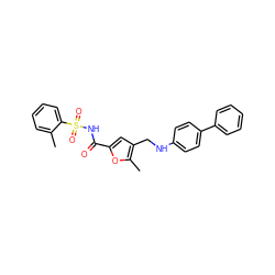 Cc1ccccc1S(=O)(=O)NC(=O)c1cc(CNc2ccc(-c3ccccc3)cc2)c(C)o1 ZINC000140971556