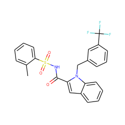 Cc1ccccc1S(=O)(=O)NC(=O)c1cc2ccccc2n1Cc1cccc(C(F)(F)F)c1 ZINC000034717723