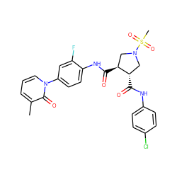 Cc1cccn(-c2ccc(NC(=O)[C@H]3CN(S(C)(=O)=O)C[C@@H]3C(=O)Nc3ccc(Cl)cc3)c(F)c2)c1=O ZINC000058591374