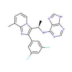 Cc1cccn2c([C@@H](C)Nc3ncnc4[nH]cnc34)c(-c3cc(F)cc(F)c3)nc12 ZINC000095565939