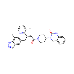 Cc1cccnc1[C@@H](CC(=O)N1CCC(N2Cc3ccccc3NC2=O)CC1)Cc1cc(C)c2[nH]ncc2c1 ZINC000013982183