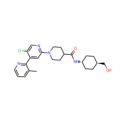 Cc1cccnc1-c1cc(N2CCC(C(=O)N[C@H]3CC[C@H](CO)CC3)CC2)ncc1Cl ZINC000261158831