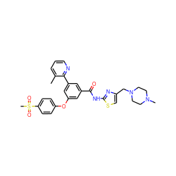 Cc1cccnc1-c1cc(Oc2ccc(S(C)(=O)=O)cc2)cc(C(=O)Nc2nc(CN3CCN(C)CC3)cs2)c1 ZINC000169306746