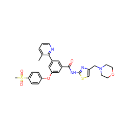 Cc1cccnc1-c1cc(Oc2ccc(S(C)(=O)=O)cc2)cc(C(=O)Nc2nc(CN3CCOCC3)cs2)c1 ZINC000169306745