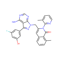 Cc1cccnc1-n1c(Cn2nc(-c3cc(O)cc(F)c3)c3c(N)ncnc32)cc2cccc(C)c2c1=O ZINC000088345886