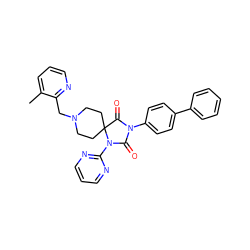 Cc1cccnc1CN1CCC2(CC1)C(=O)N(c1ccc(-c3ccccc3)cc1)C(=O)N2c1ncccn1 ZINC000084652045