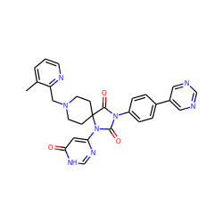 Cc1cccnc1CN1CCC2(CC1)C(=O)N(c1ccc(-c3cncnc3)cc1)C(=O)N2c1cc(=O)[nH]cn1 ZINC000084669355