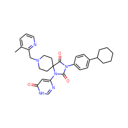 Cc1cccnc1CN1CCC2(CC1)C(=O)N(c1ccc(C3CCCCC3)cc1)C(=O)N2c1cc(=O)[nH]cn1 ZINC000084710681