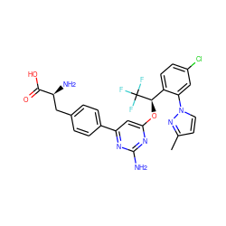 Cc1ccn(-c2cc(Cl)ccc2[C@@H](Oc2cc(-c3ccc(C[C@H](N)C(=O)O)cc3)nc(N)n2)C(F)(F)F)n1 ZINC000084758235