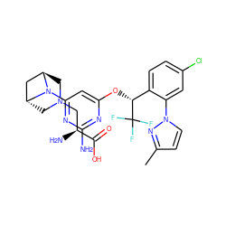 Cc1ccn(-c2cc(Cl)ccc2[C@@H](Oc2cc(N3[C@H]4C[C@H]3CN(C[C@H](N)C(=O)O)C4)nc(N)n2)C(F)(F)F)n1 ZINC000653798073