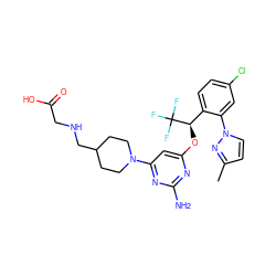 Cc1ccn(-c2cc(Cl)ccc2[C@@H](Oc2cc(N3CCC(CNCC(=O)O)CC3)nc(N)n2)C(F)(F)F)n1 ZINC000653798056