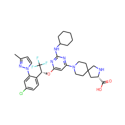 Cc1ccn(-c2cc(Cl)ccc2[C@@H](Oc2cc(N3CCC4(CC3)CN[C@H](C(=O)O)C4)nc(NC3CCCCC3)n2)C(F)(F)F)n1 ZINC000653790376