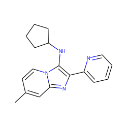 Cc1ccn2c(NC3CCCC3)c(-c3ccccn3)nc2c1 ZINC000003909846