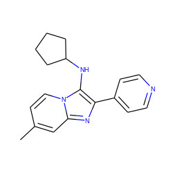 Cc1ccn2c(NC3CCCC3)c(-c3ccncc3)nc2c1 ZINC000002468804