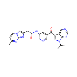 Cc1ccn2cc(CC(=O)Nc3cncc(C(=O)c4cn(C(C)C)c5ncncc45)c3)nc2n1 ZINC000169707685