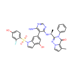 Cc1ccn2nc([C@H](C)Nc3ncnc(N)c3-c3cc(O)c4ccn(S(=O)(=O)c5ccc(O)cc5F)c4c3)n(-c3ccccc3)c(=O)c12 ZINC000224333746