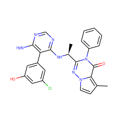 Cc1ccn2nc([C@H](C)Nc3ncnc(N)c3-c3cc(O)cc(Cl)c3)n(-c3ccccc3)c(=O)c12 ZINC000209010621