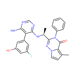 Cc1ccn2nc([C@H](C)Nc3ncnc(N)c3-c3cc(O)cc(F)c3)n(-c3ccccc3)c(=O)c12 ZINC000208952933