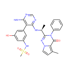 Cc1ccn2nc([C@H](C)Nc3ncnc(N)c3-c3cc(O)cc(NS(C)(=O)=O)c3)n(-c3ccccc3)c(=O)c12 ZINC000208983495